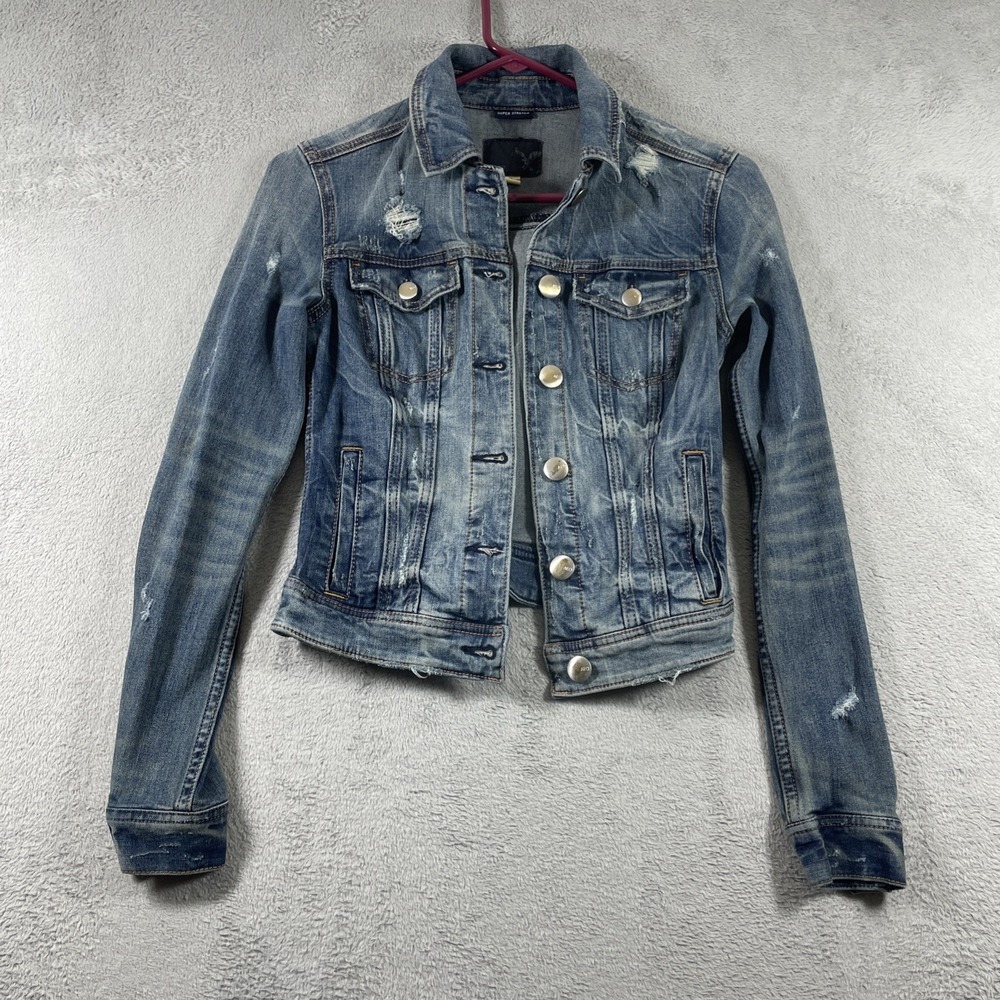 AEO Denim Jacket Women XS Blue Distressed LS Super Stretch Buttons Pockets